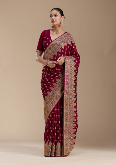 Wine Zariwork (Gold) Soft Raw Silk Saree-koskii