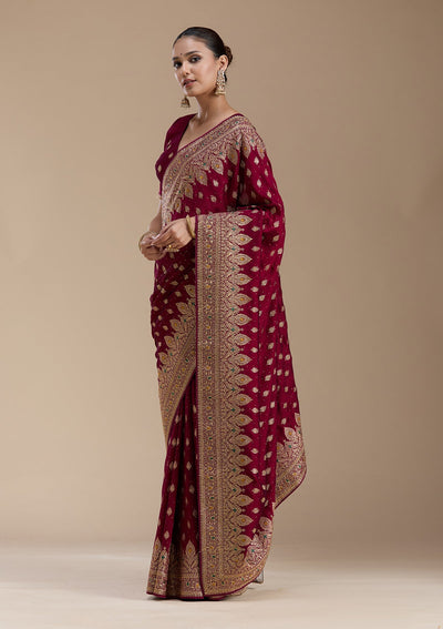Wine Zariwork (Gold) Soft Raw Silk Saree-koskii