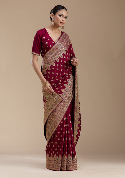 Wine Zariwork (Gold) Soft Raw Silk Saree-koskii