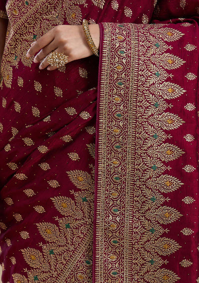 Wine Zariwork (Gold) Soft Raw Silk Saree-koskii
