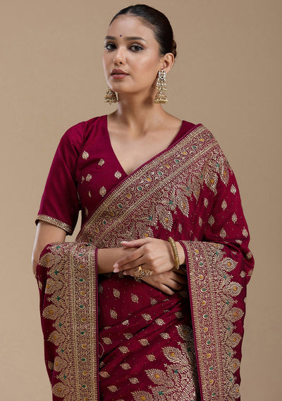 Wine Zariwork (Gold) Soft Raw Silk Saree-koskii