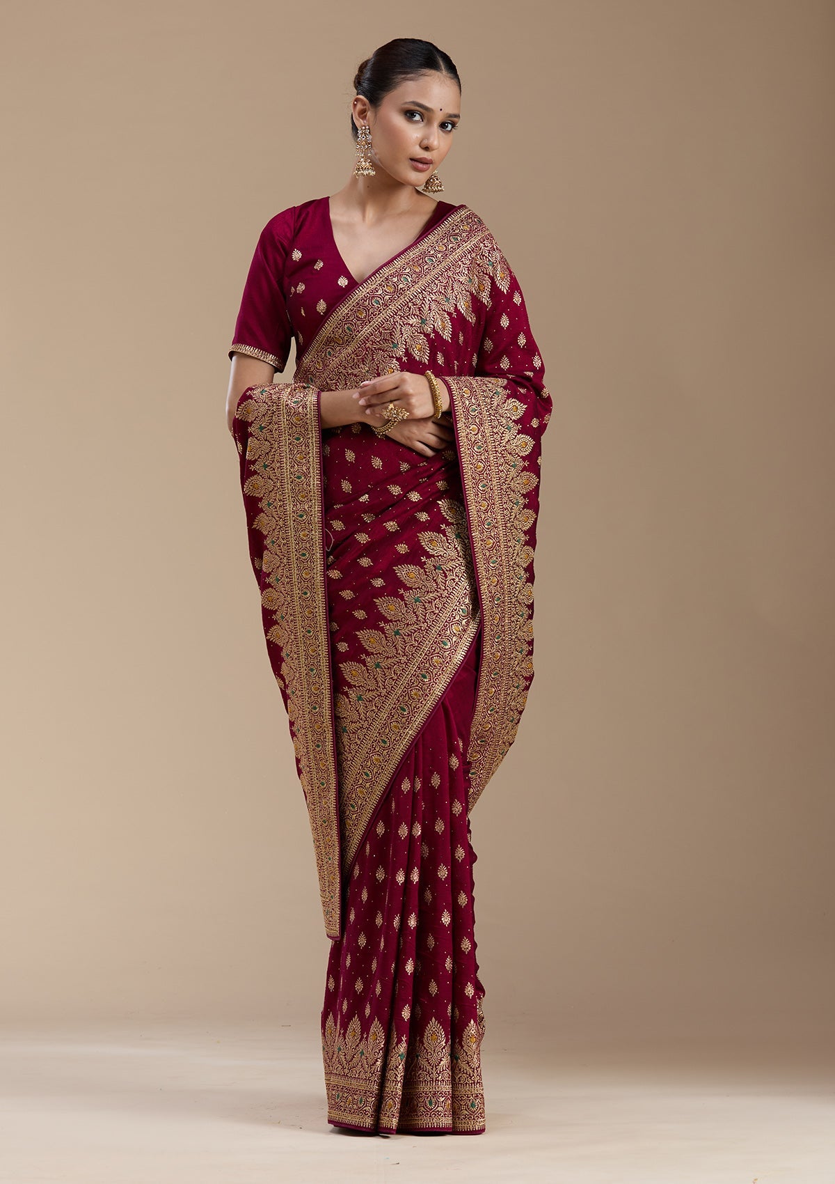 Wine Zariwork (Gold) Soft Raw Silk Saree-koskii