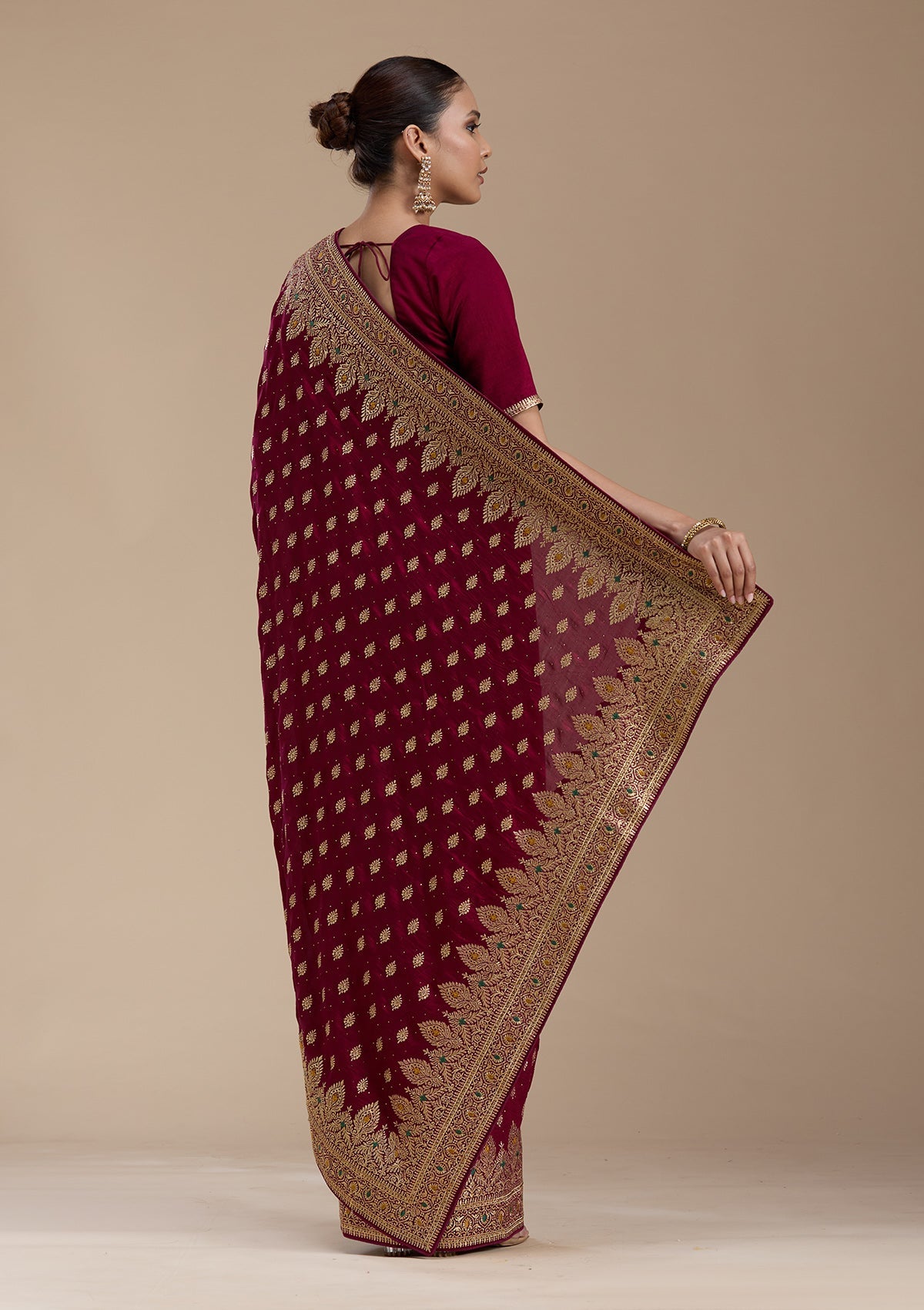 Wine Zariwork (Gold) Soft Raw Silk Saree-koskii