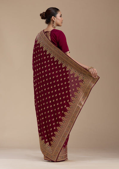 Wine Zariwork (Gold) Soft Raw Silk Saree-koskii