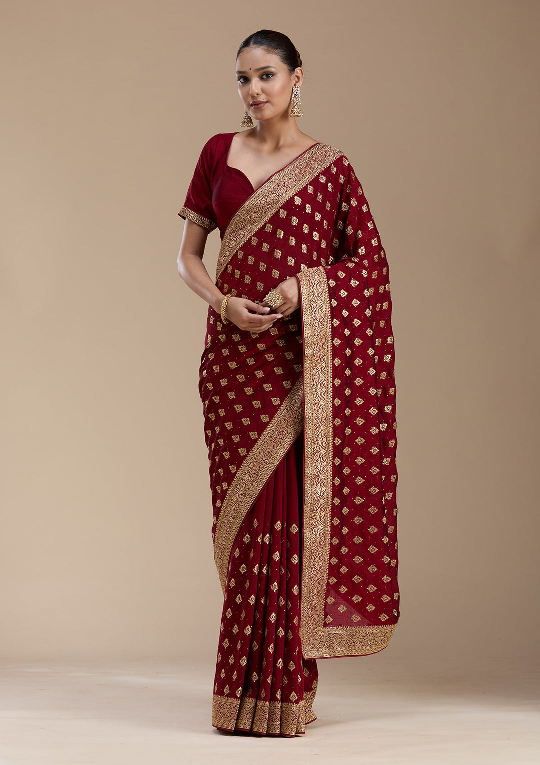 Maroon Zariwork (Gold) Soft Raw Silk Saree-koskii
