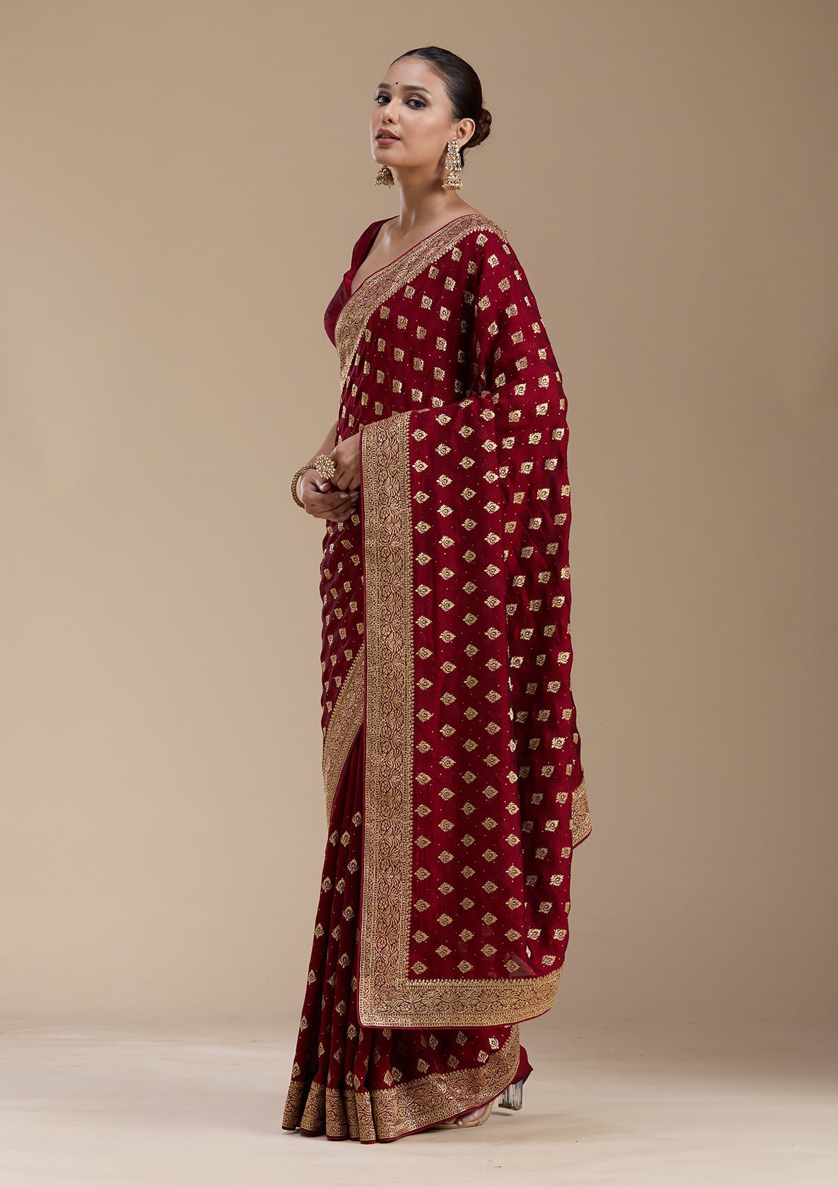 kosariii✴︎ Maroon Zariwork (Gold) Soft Raw Silk Saree – Koskii