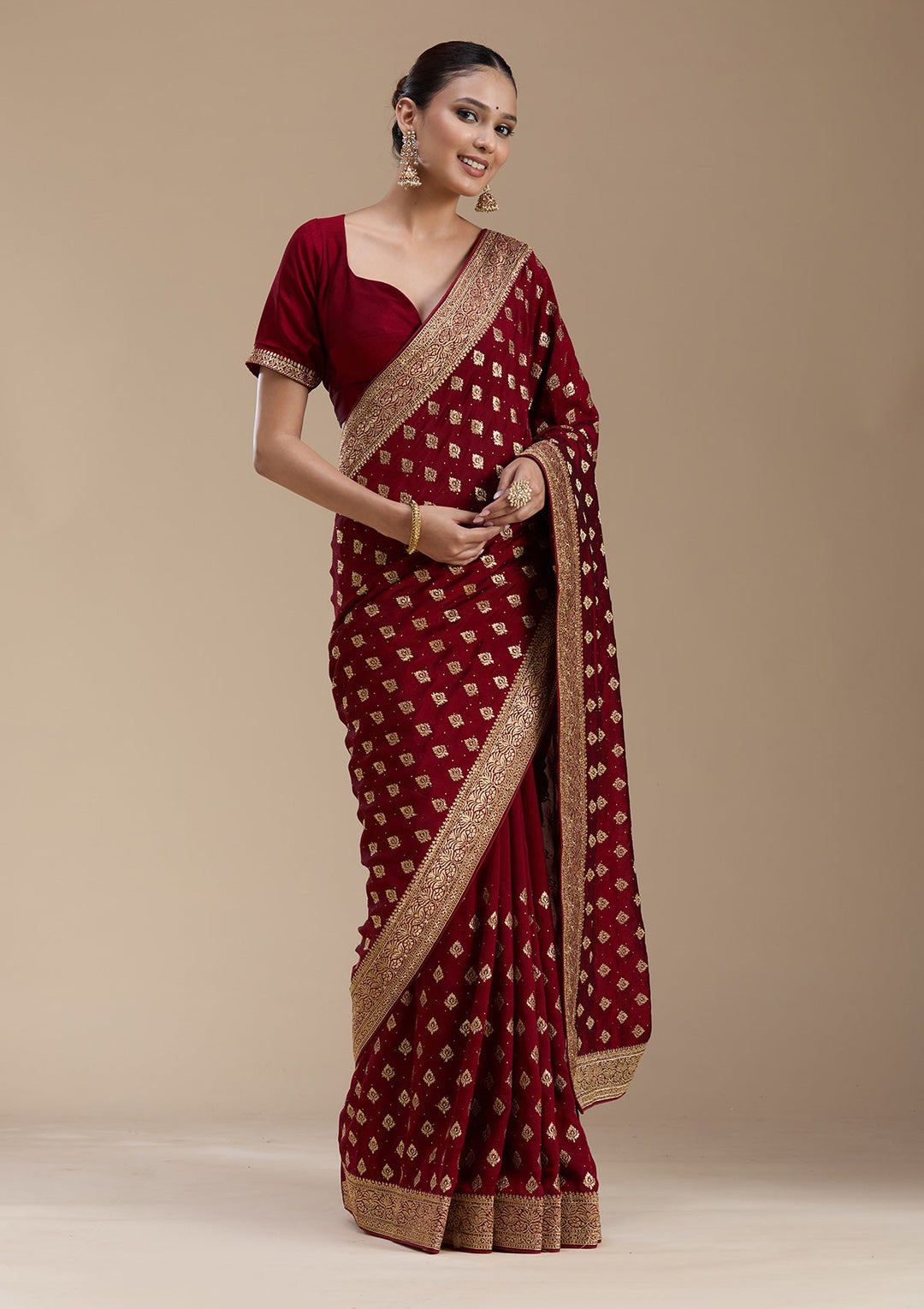 Maroon Zariwork (Gold) Soft Raw Silk Saree-koskii