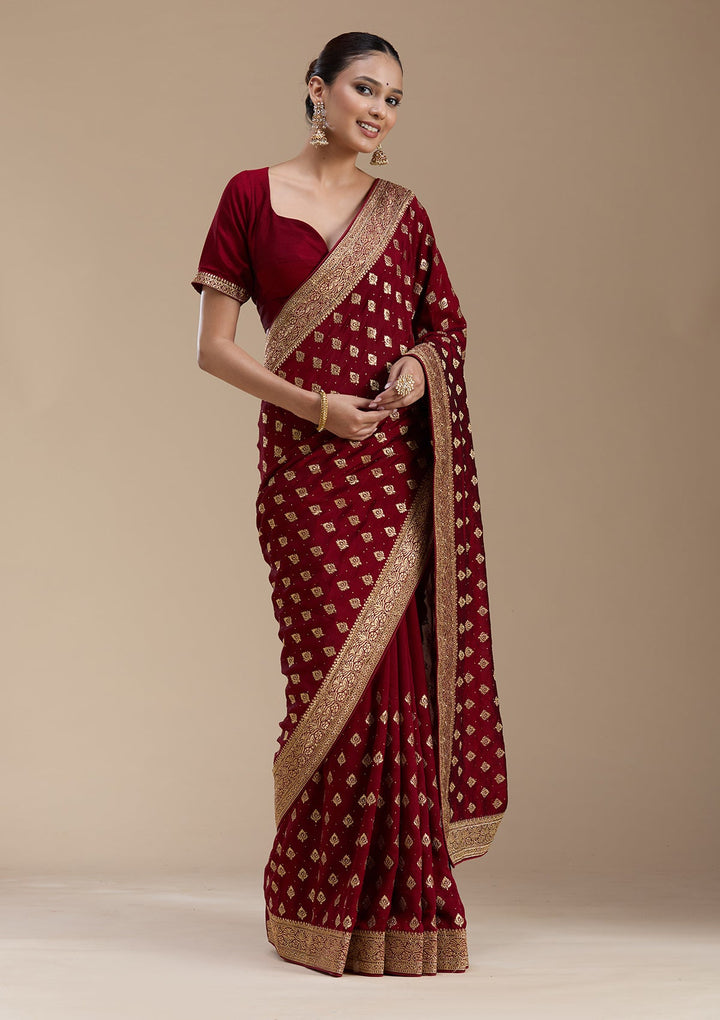 Maroon Zariwork (Gold) Soft Raw Silk Saree-koskii