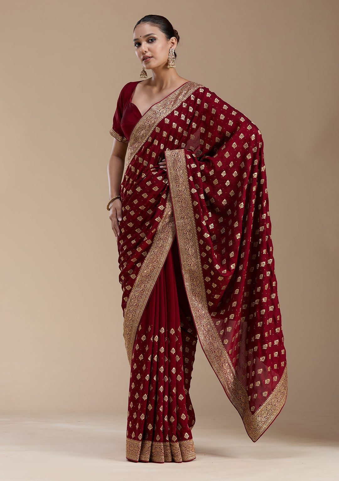 Maroon Zariwork (Gold) Soft Raw Silk Saree-koskii