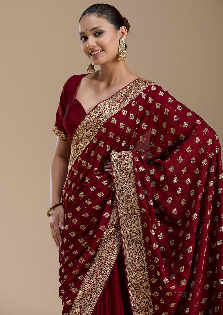 Maroon Zariwork (Gold) Soft Raw Silk Saree-koskii
