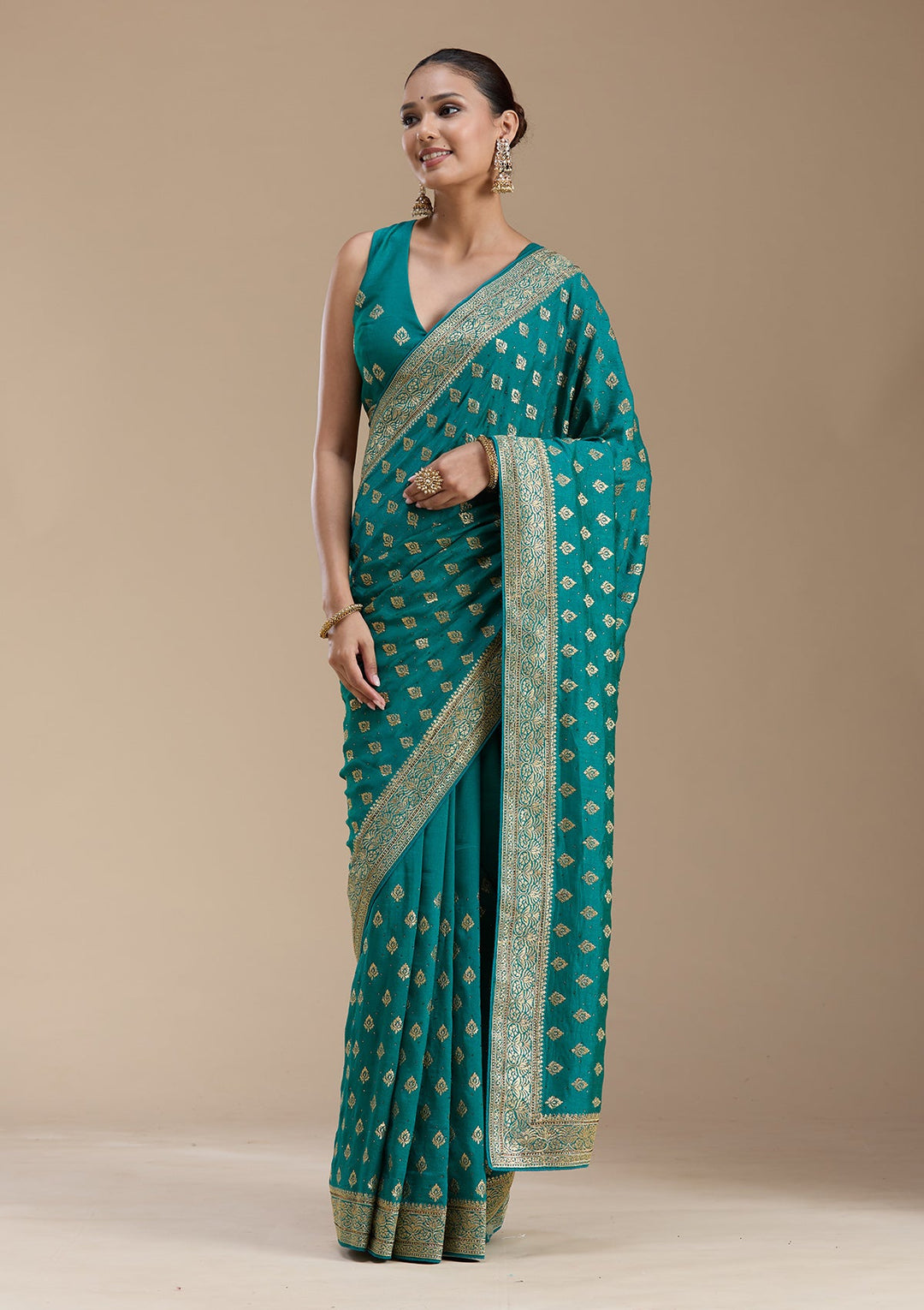 Rama Green Zariwork (Gold) Soft Raw Silk Saree-koskii