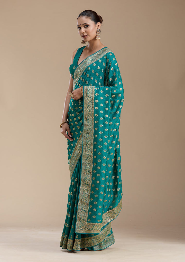 Rama Green Zariwork (Gold) Soft Raw Silk Saree-koskii