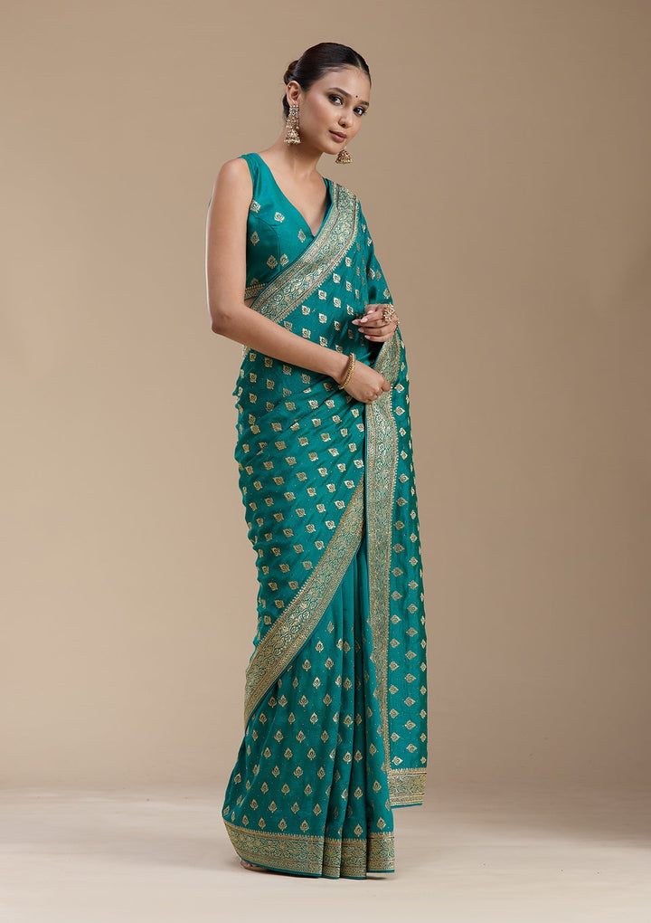 Rama Green Zariwork (Gold) Soft Raw Silk Saree-koskii