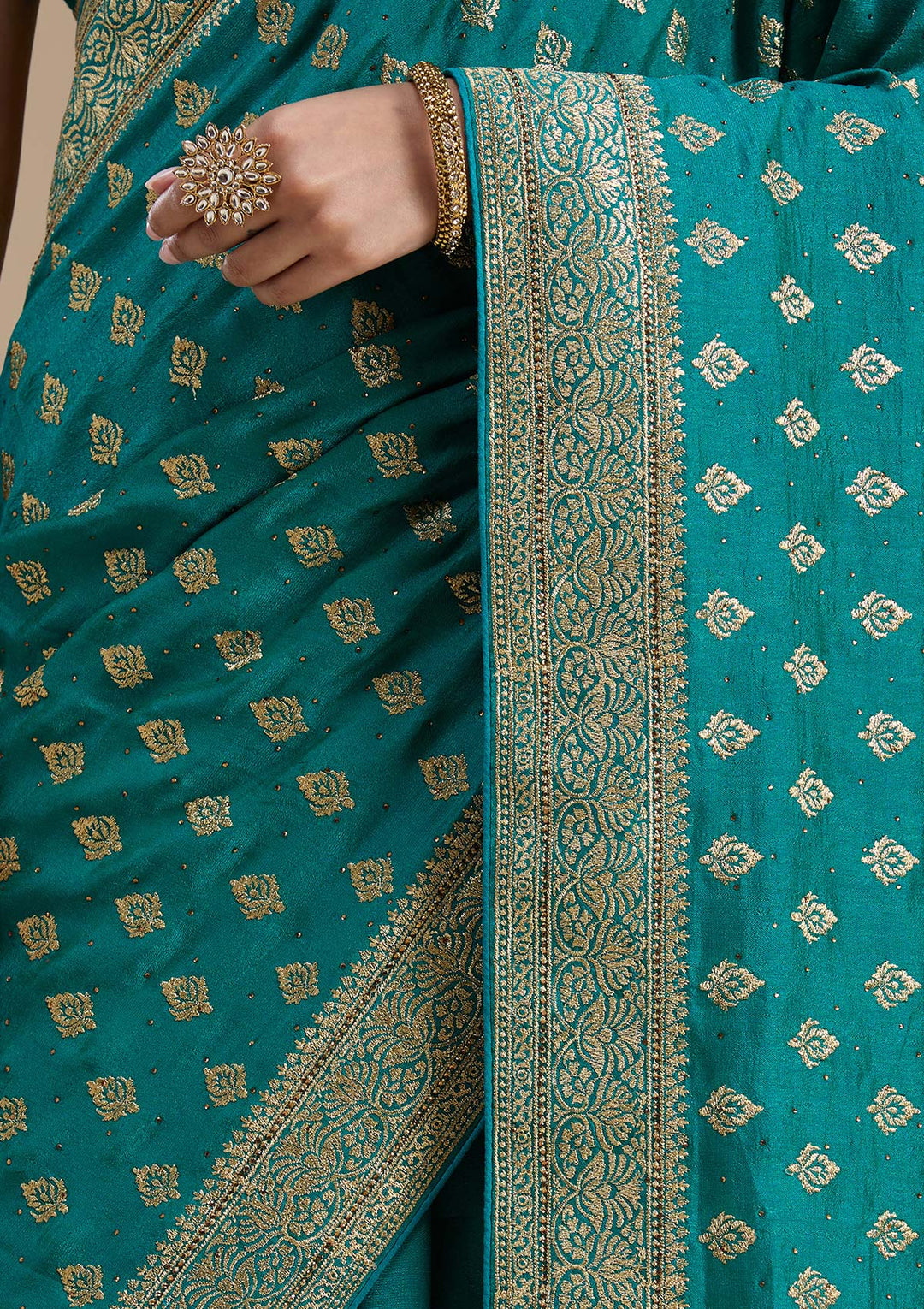 Rama Green Zariwork (Gold) Soft Raw Silk Saree-koskii