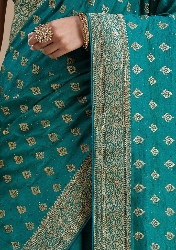 Rama Green Zariwork (Gold) Soft Raw Silk Saree-koskii