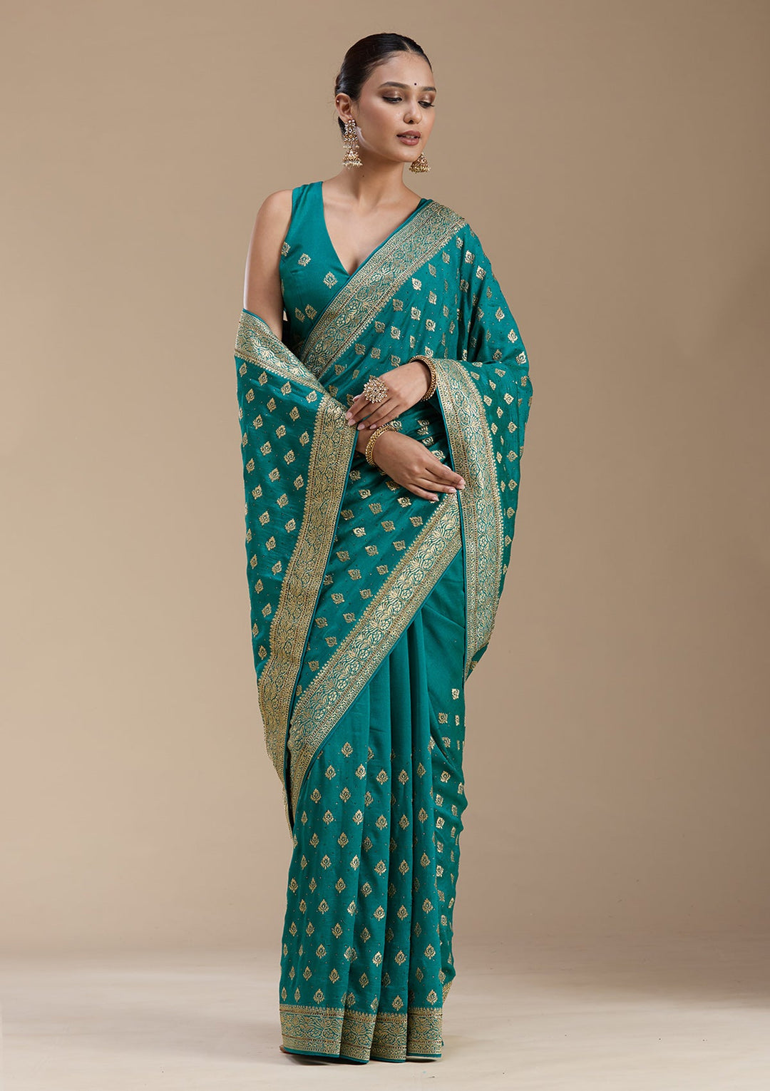 Rama Green Zariwork (Gold) Soft Raw Silk Saree-koskii