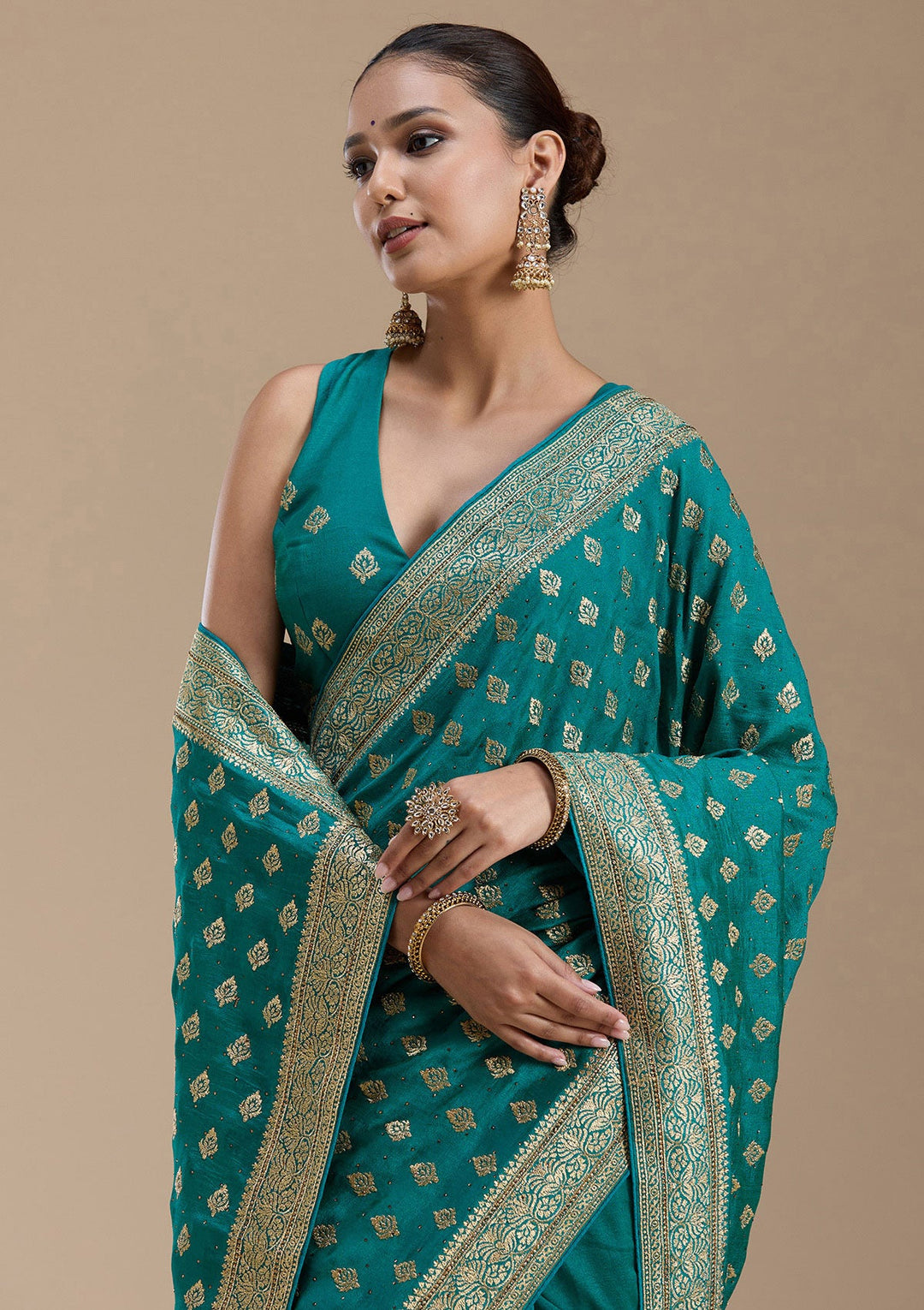 Rama Green Zariwork (Gold) Soft Raw Silk Saree-koskii