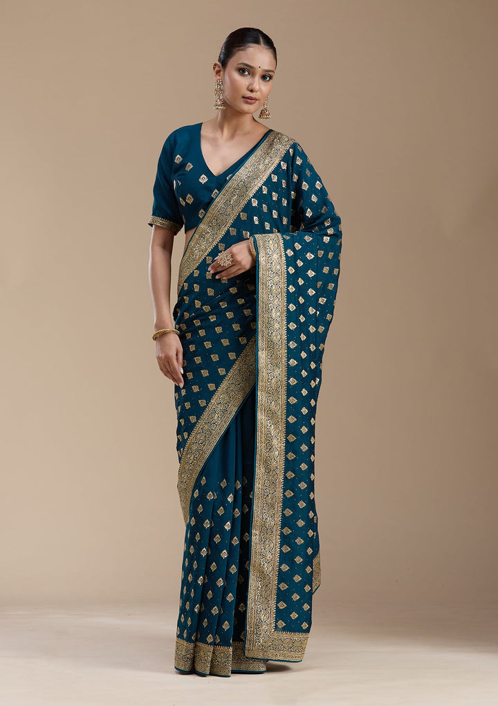 Teal Green Zariwork (Gold) Soft Raw Silk Saree-koskii