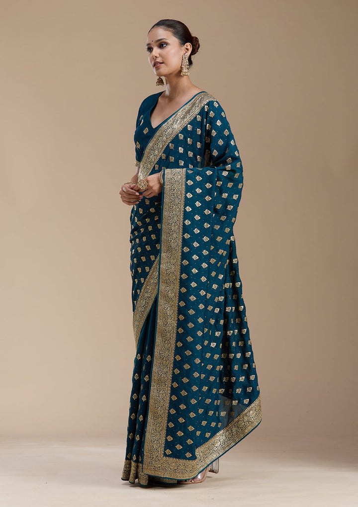 Teal Green Zariwork (Gold) Soft Raw Silk Saree-koskii