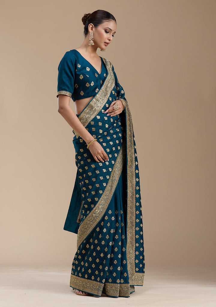 Teal Green Zariwork (Gold) Soft Raw Silk Saree-koskii
