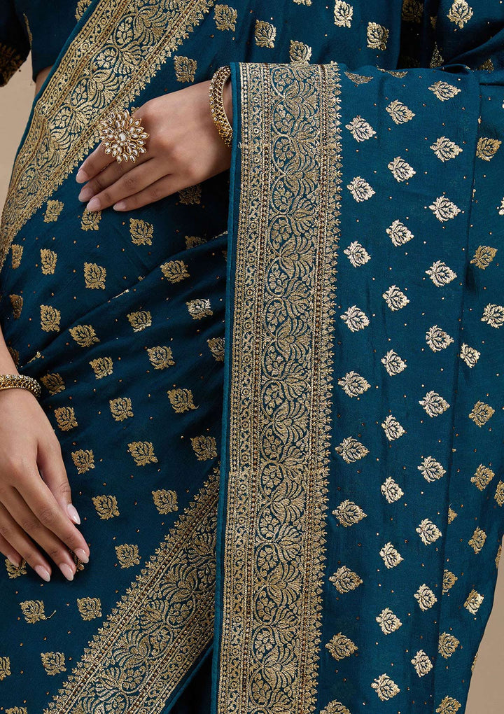 Teal Green Zariwork (Gold) Soft Raw Silk Saree-koskii