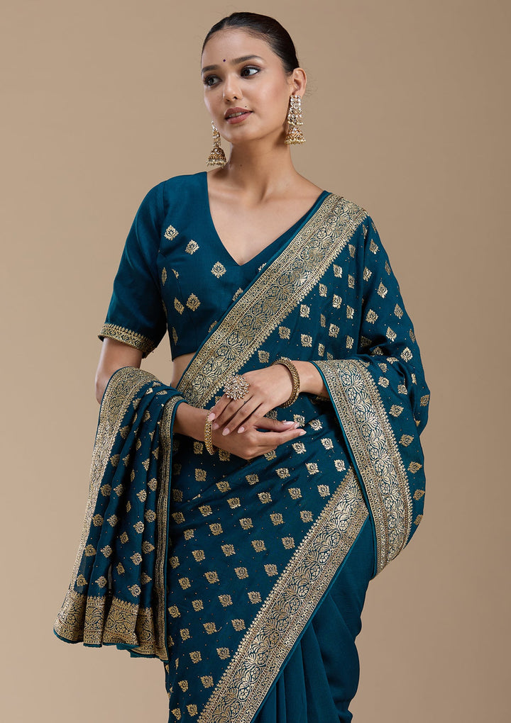 Teal Green Zariwork (Gold) Soft Raw Silk Saree-koskii