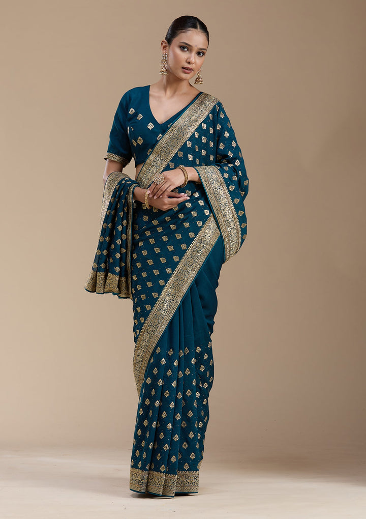 Teal Green Zariwork (Gold) Soft Raw Silk Saree-koskii