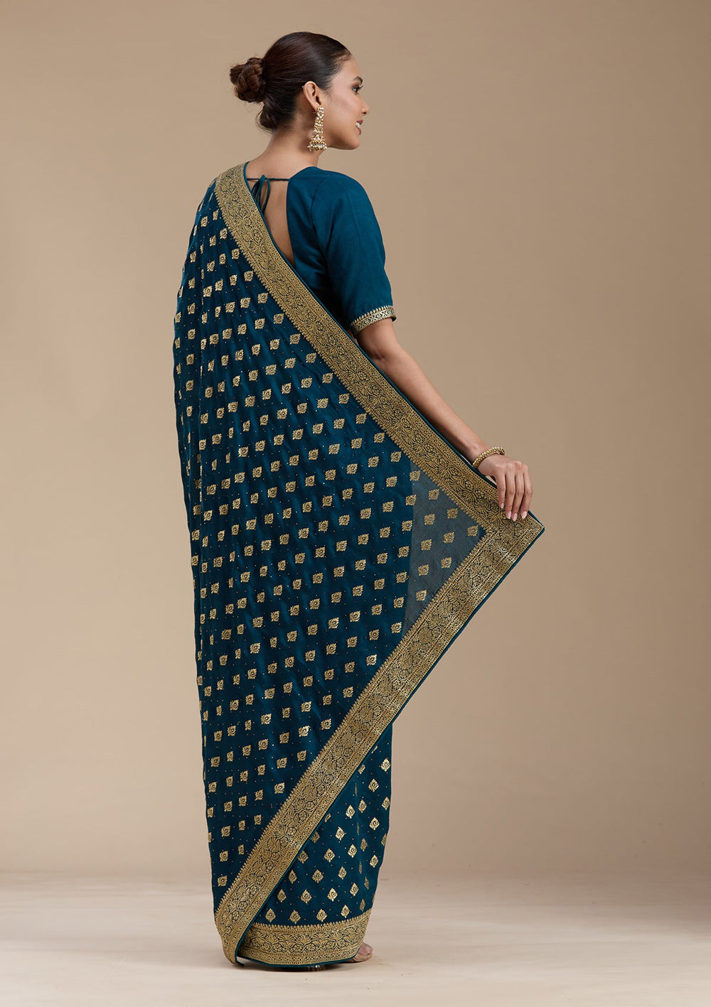 Teal Green Zariwork (Gold) Soft Raw Silk Saree-koskii