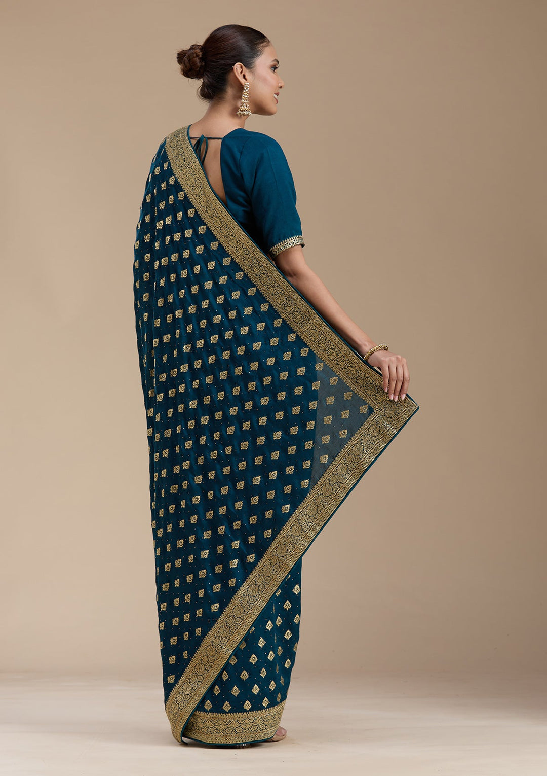 Teal Green Zariwork (Gold) Soft Raw Silk Saree-koskii