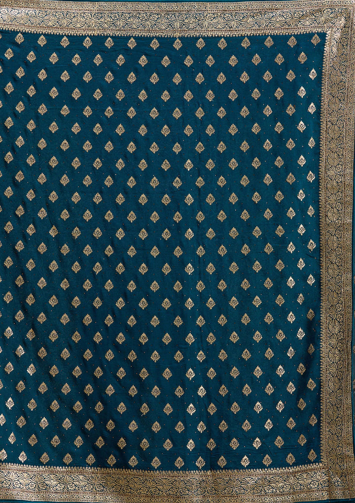Teal Green Zariwork (Gold) Soft Raw Silk Saree-koskii