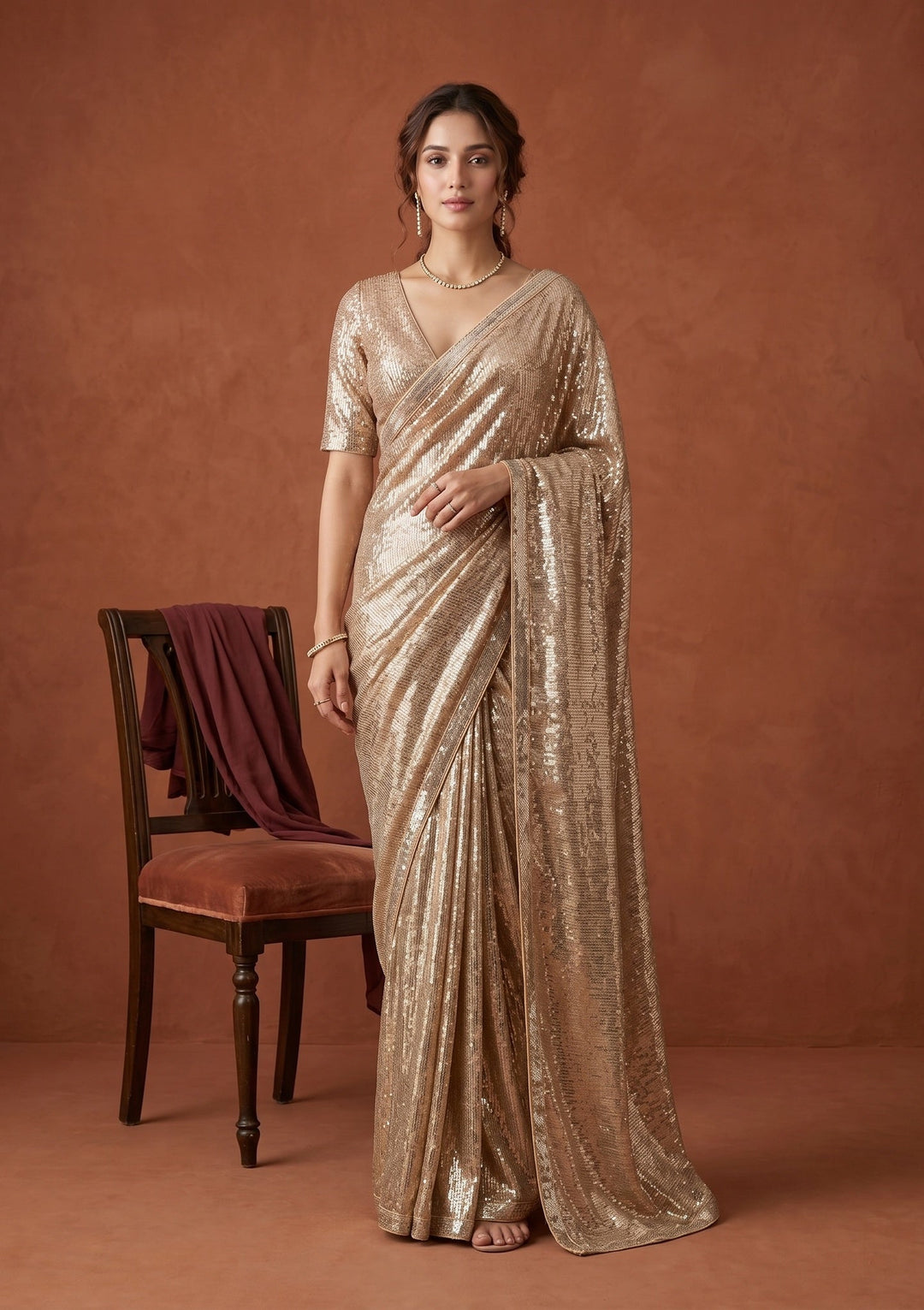Beige Sequins Georgette Saree