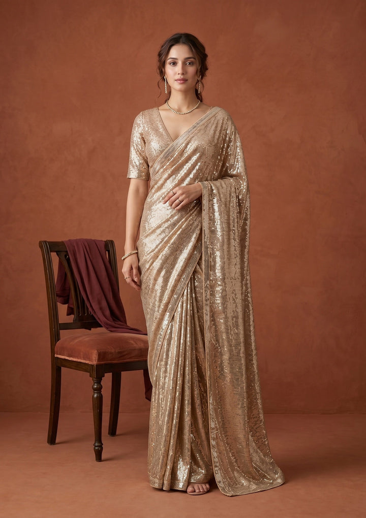 Beige Sequins Georgette Saree