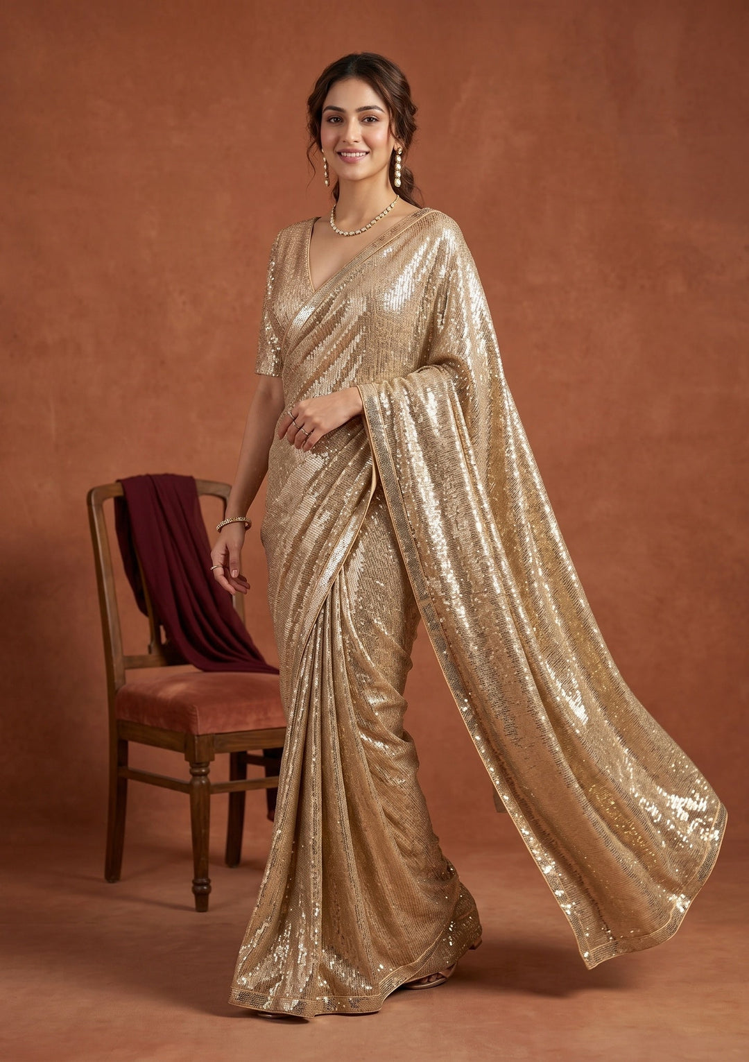 Beige Sequins Georgette Saree