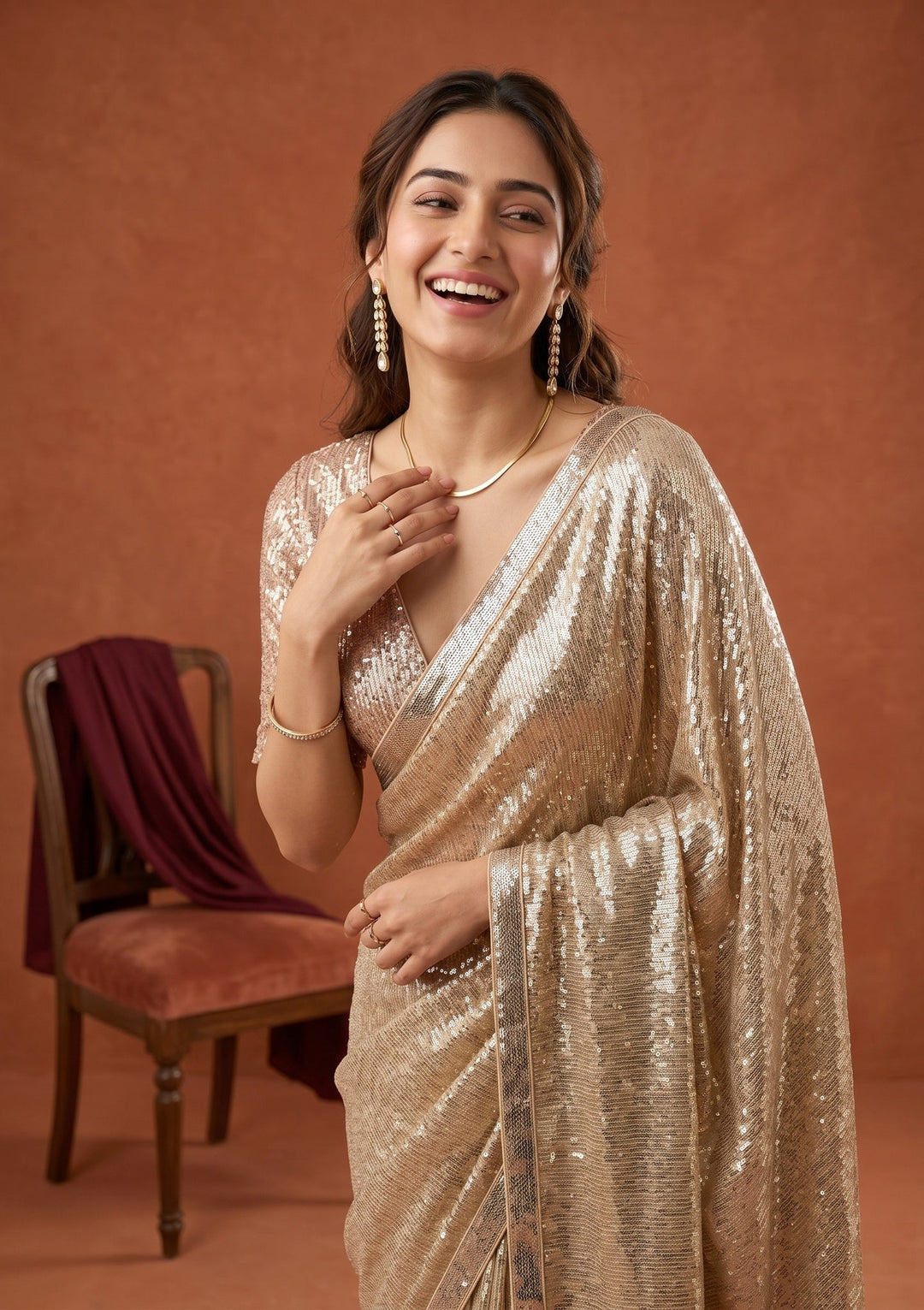 Beige Sequins Georgette Saree