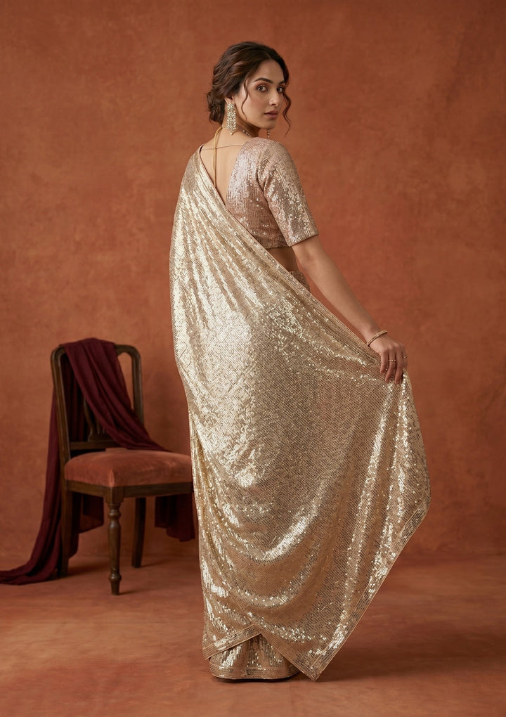 Beige Sequins Georgette Saree