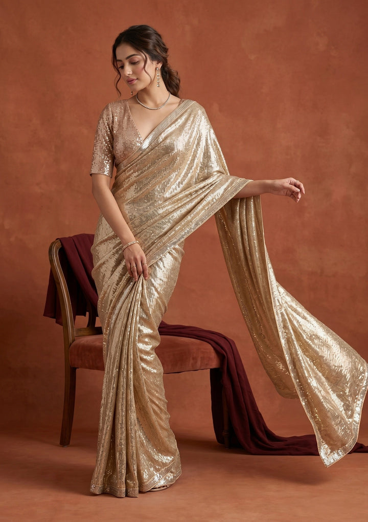 Beige Sequins Georgette Saree
