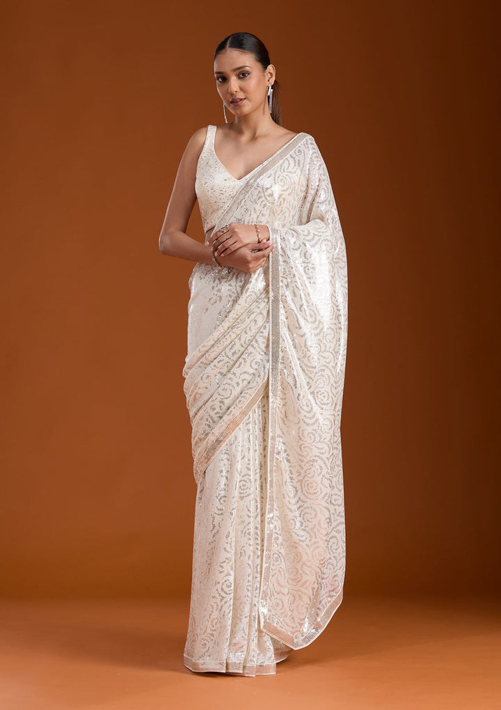 Off White Sequins Georgette Saree-koskii