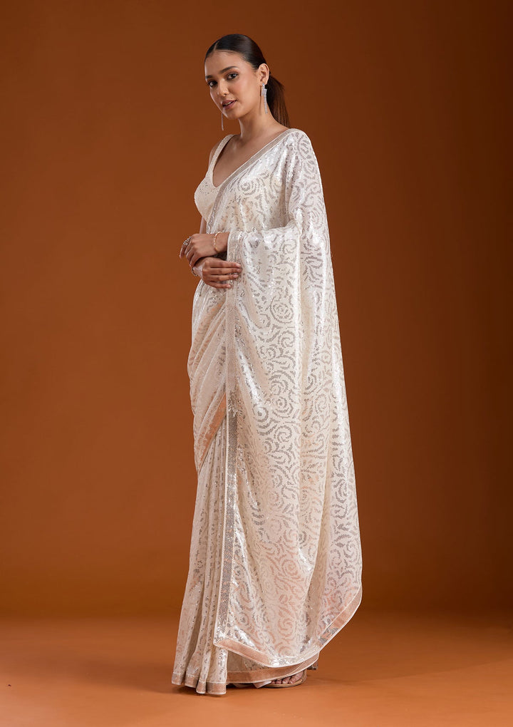 Off White Sequins Georgette Saree-koskii