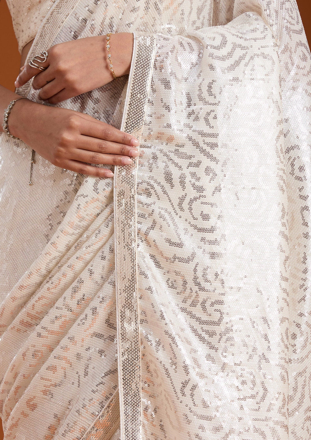 Off White Sequins Georgette Saree-koskii