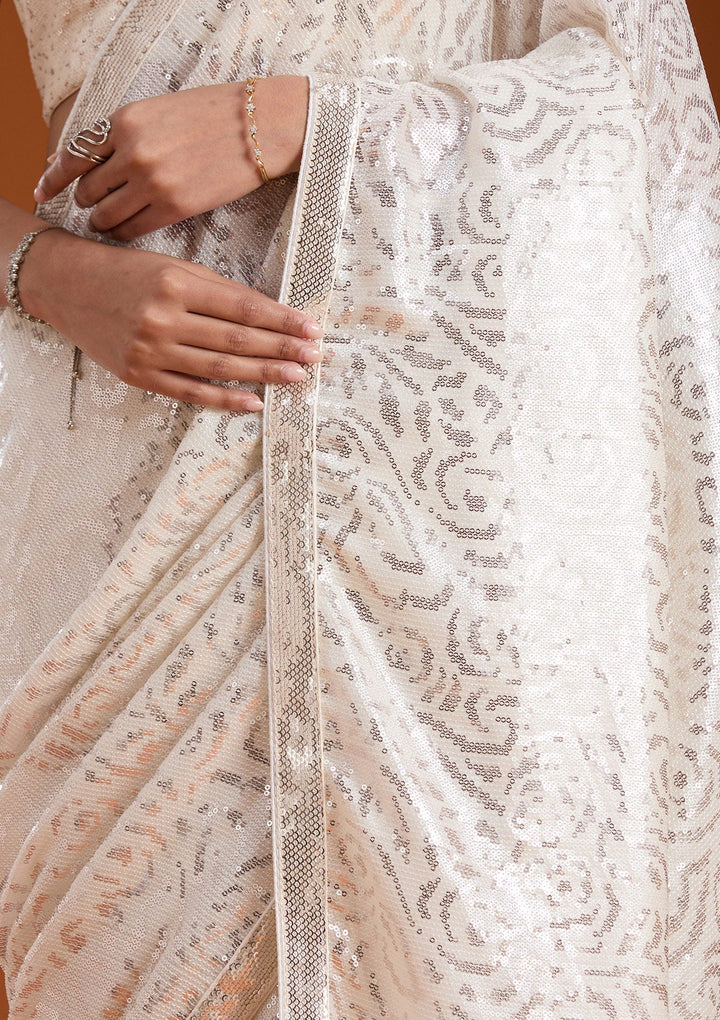 Off White Sequins Georgette Saree-koskii