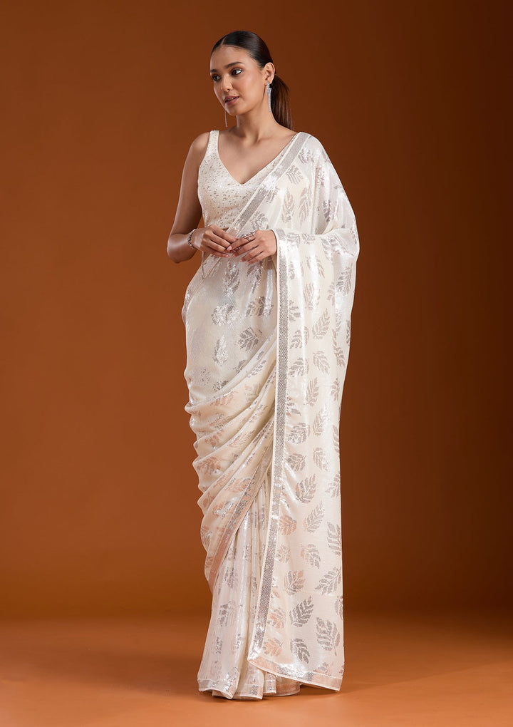 Off White Sequins Georgette Saree-koskii