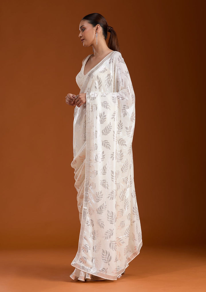 Off White Sequins Georgette Saree-koskii