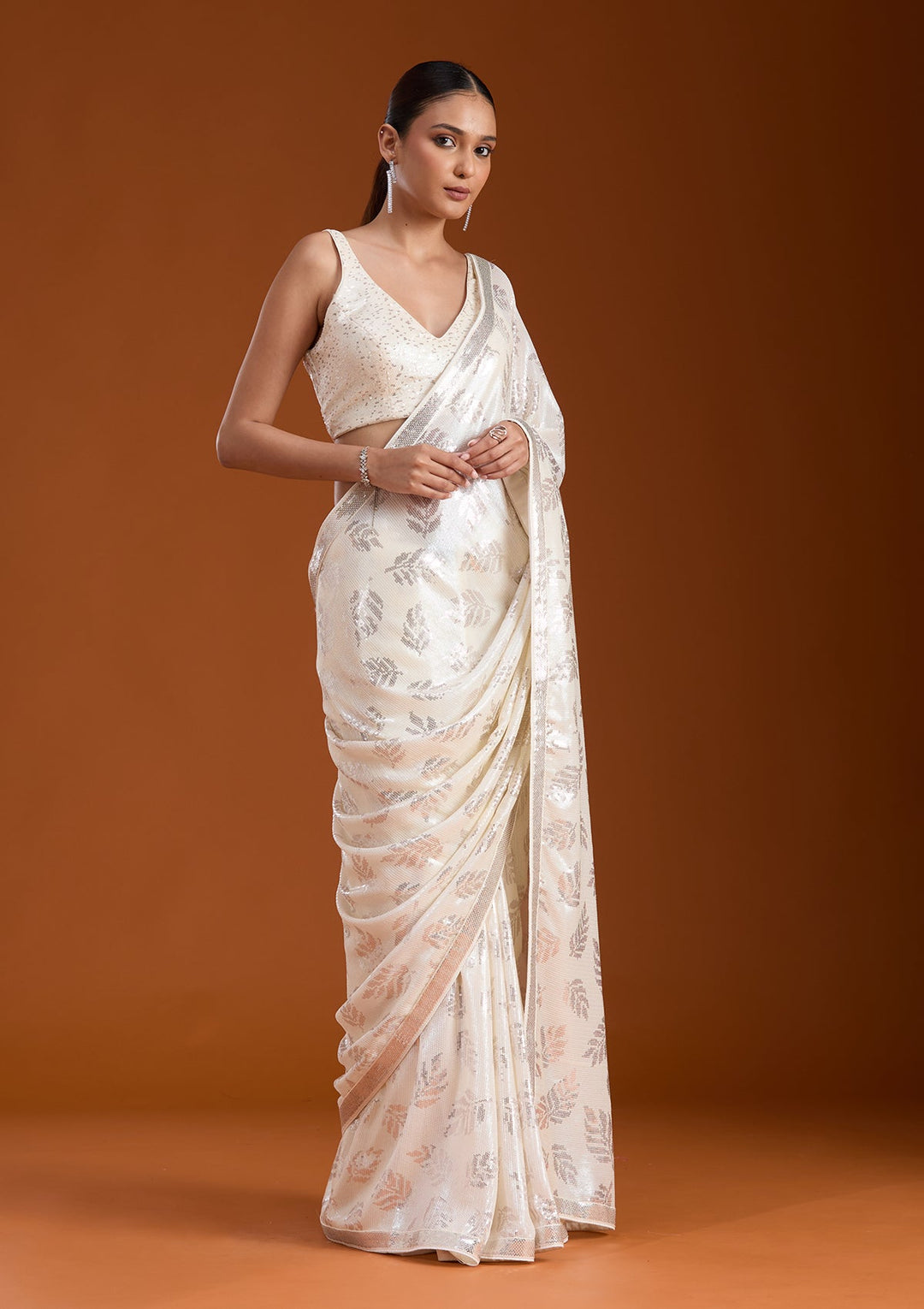 Off White Sequins Georgette Saree-koskii