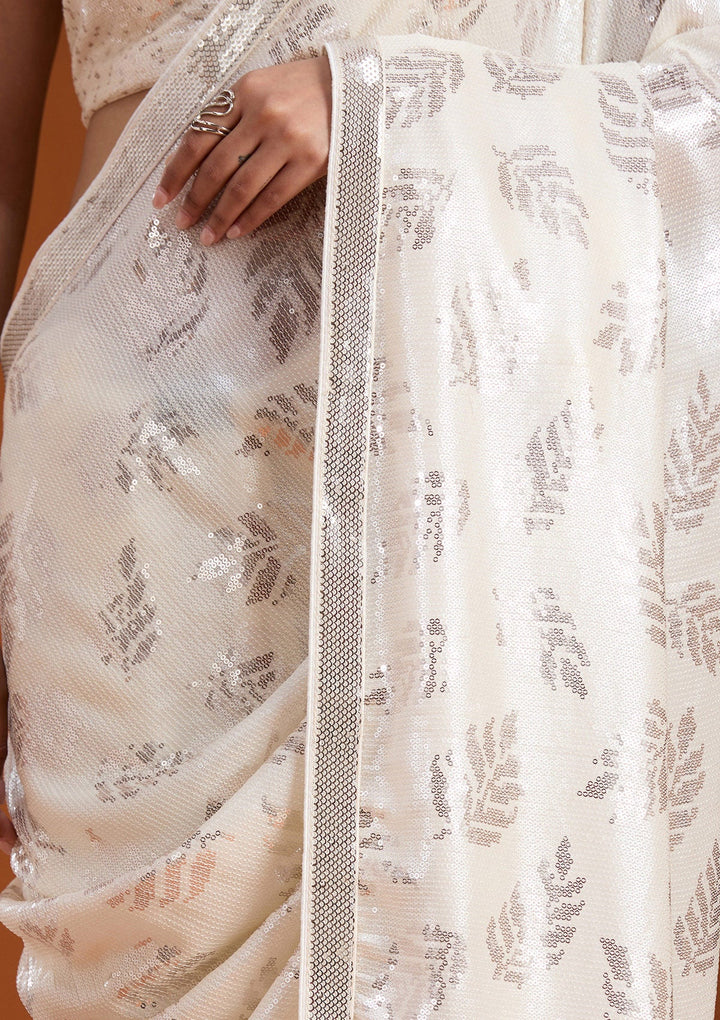 Off White Sequins Georgette Saree-koskii