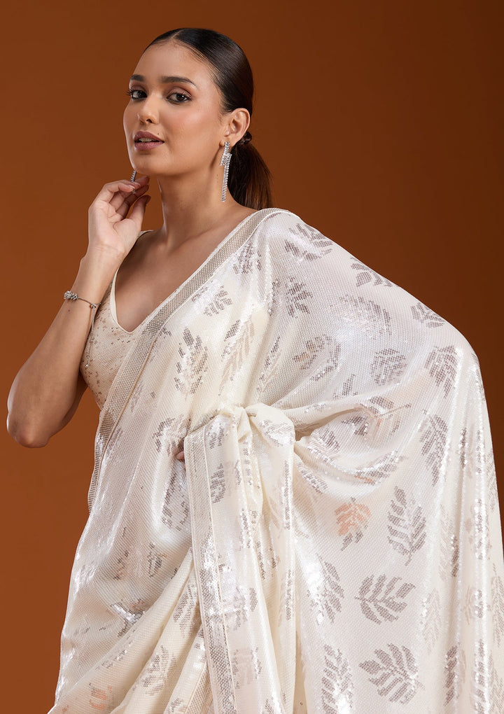 Off White Sequins Georgette Saree-koskii