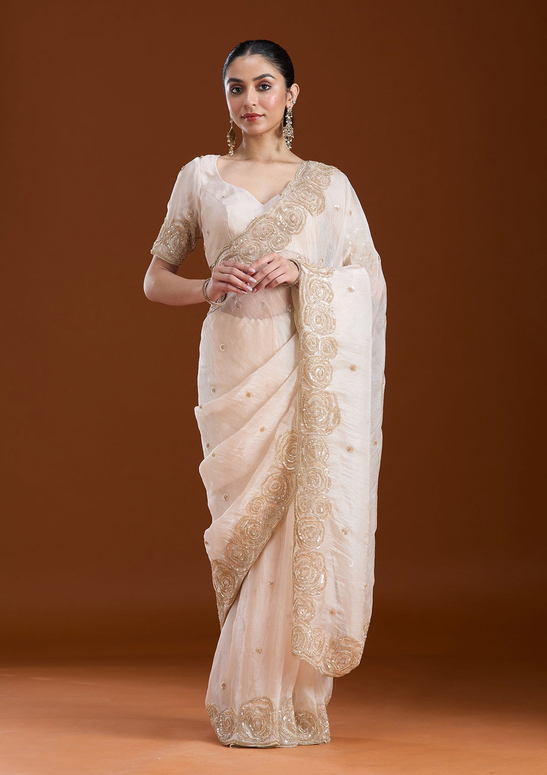 Light Peach Sequins Tissue Saree-koskii