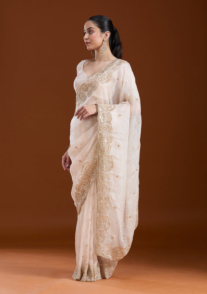 Light Peach Sequins Tissue Saree-koskii