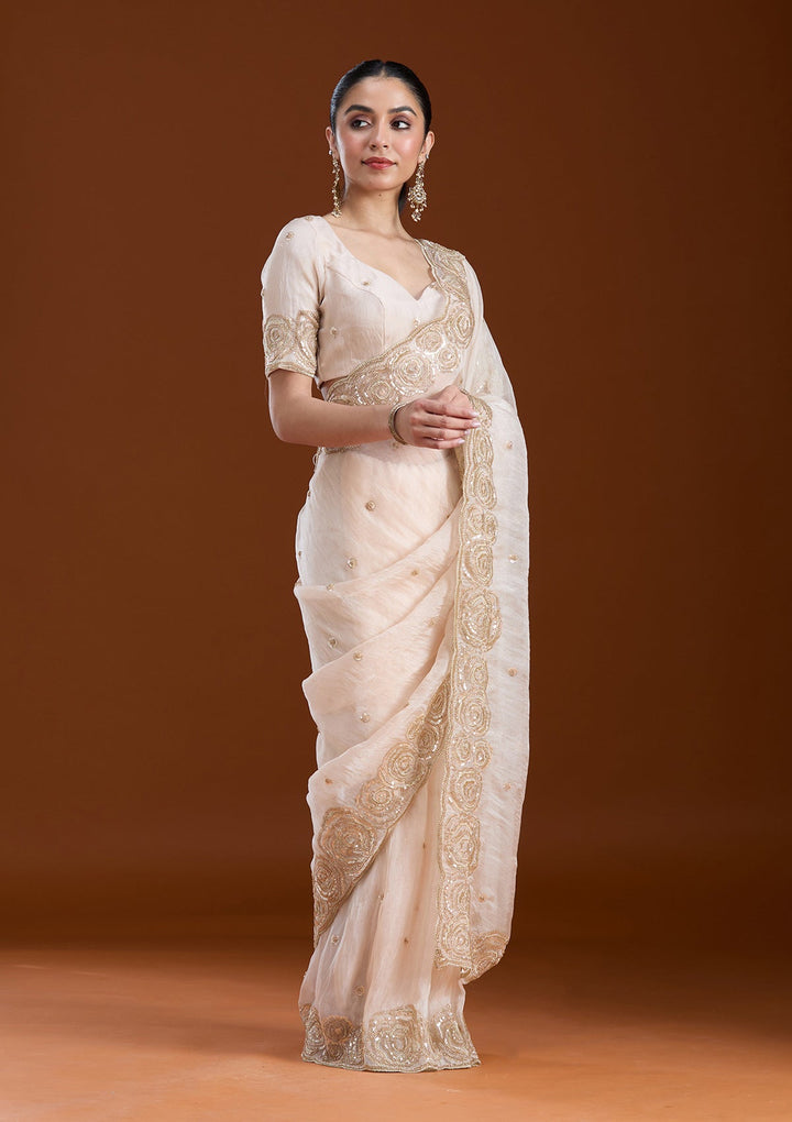 Light Peach Sequins Tissue Saree-koskii
