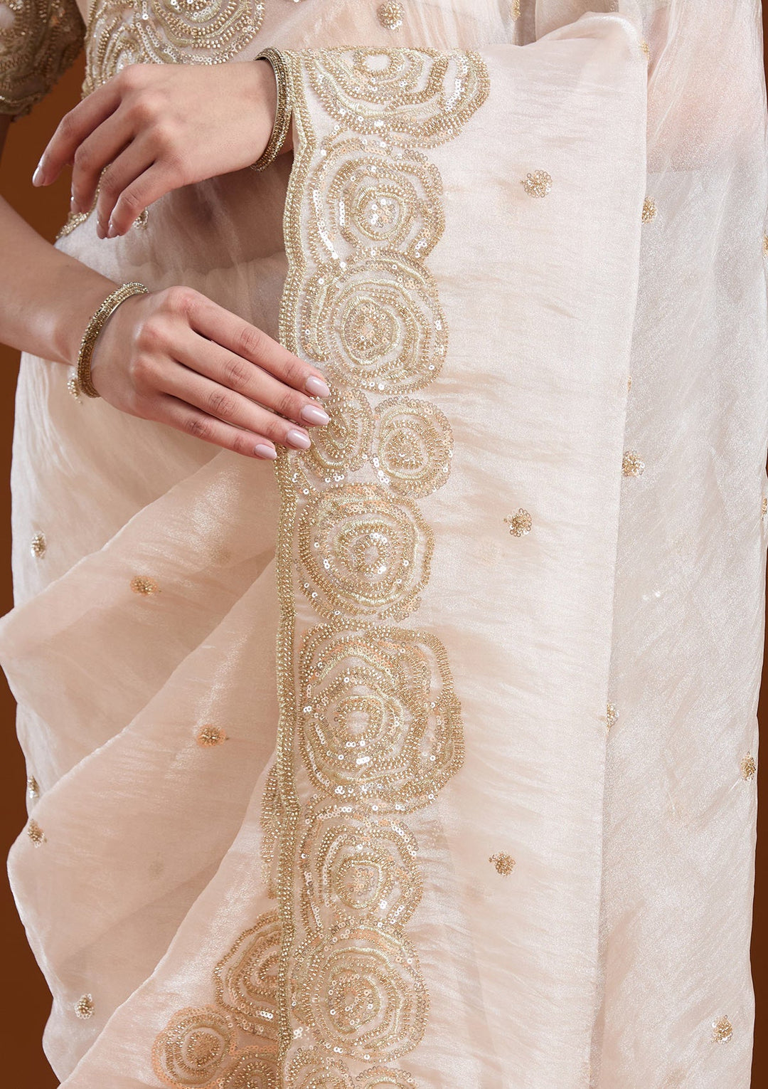 Light Peach Sequins Tissue Saree-koskii
