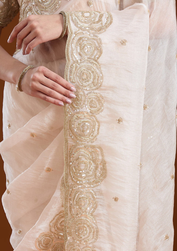 Light Peach Sequins Tissue Saree-koskii